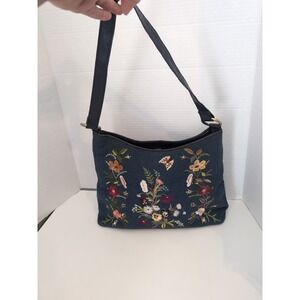 BUENO Navy Denim Handbag EMBROIDERED‎ FLOWERS Gold Hardware